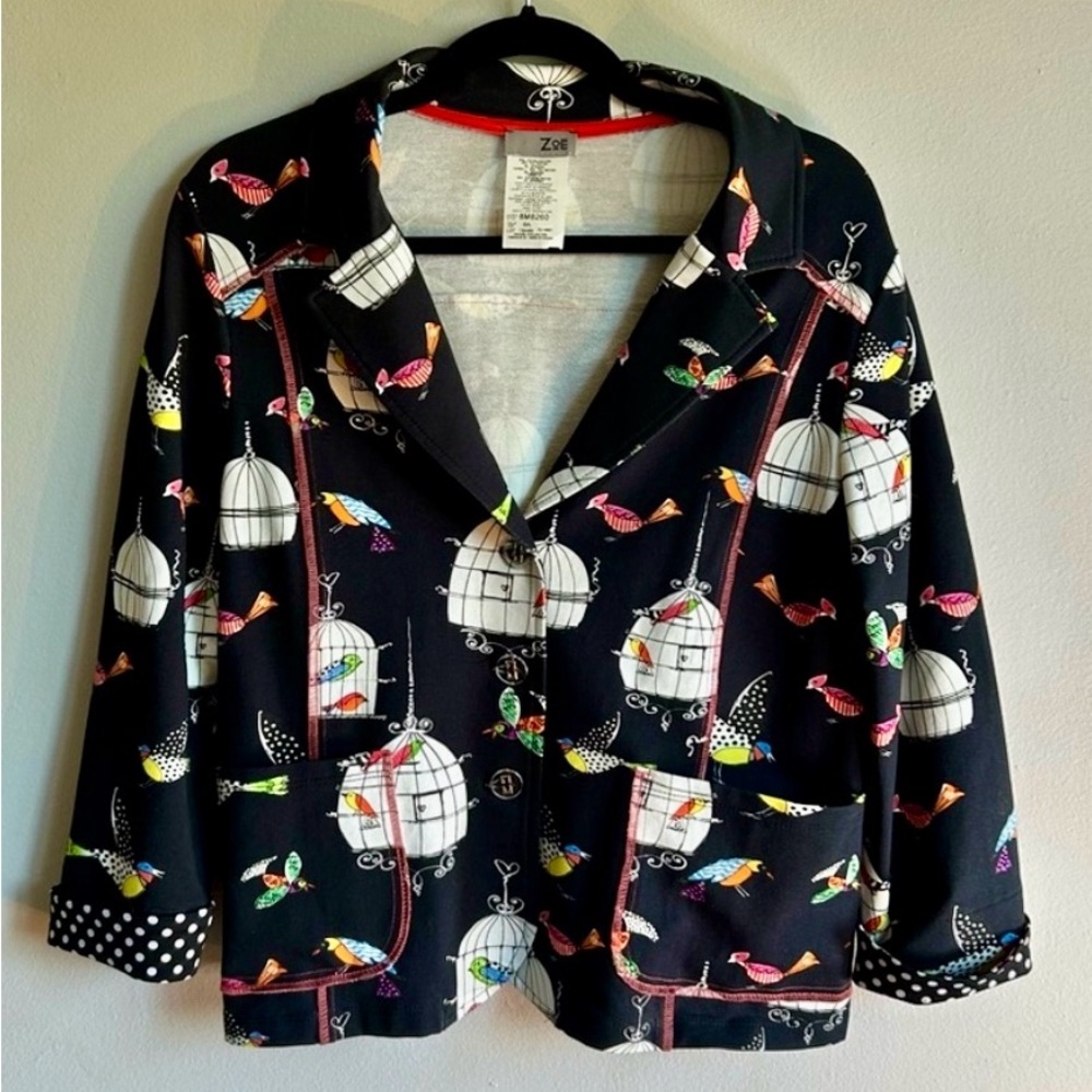 Zoe Whimsical Birdcage & Birds Print Jacket Blazer Artsy Eclectic Large